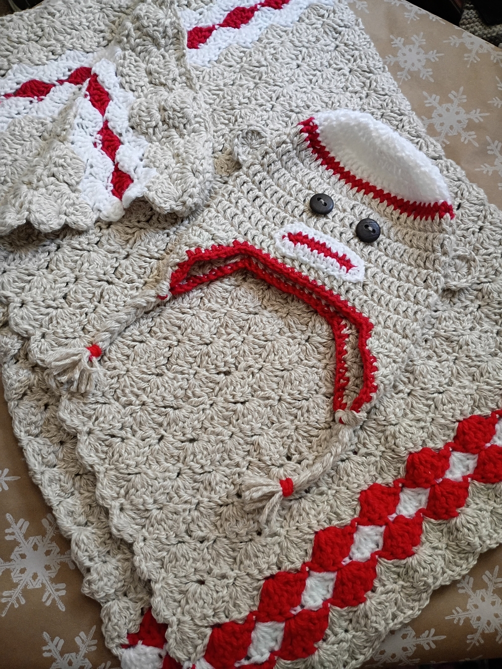 Handmade Kids Crochet Sock Monkey Hat And Blanket - Cream and Red